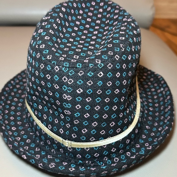 Fedora with Gold Metallic Band in Black with Pink and Teal Squares - 7-7 1/8 - Picture 4 of 6